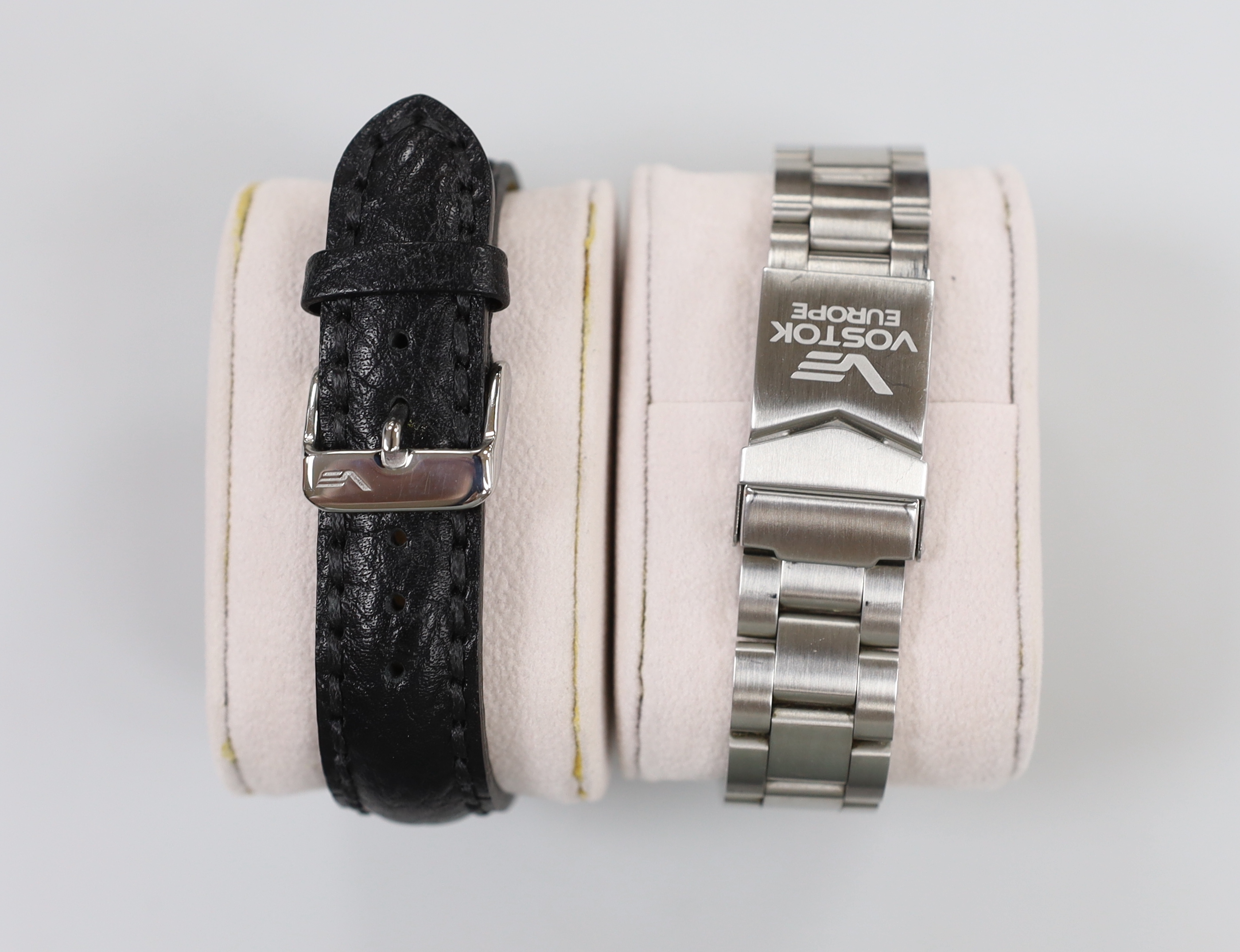 Two gentleman's modern stainless steel Vostok Europe automatic wrist watches including K-3 Submarine with day/night indicator and automatic.